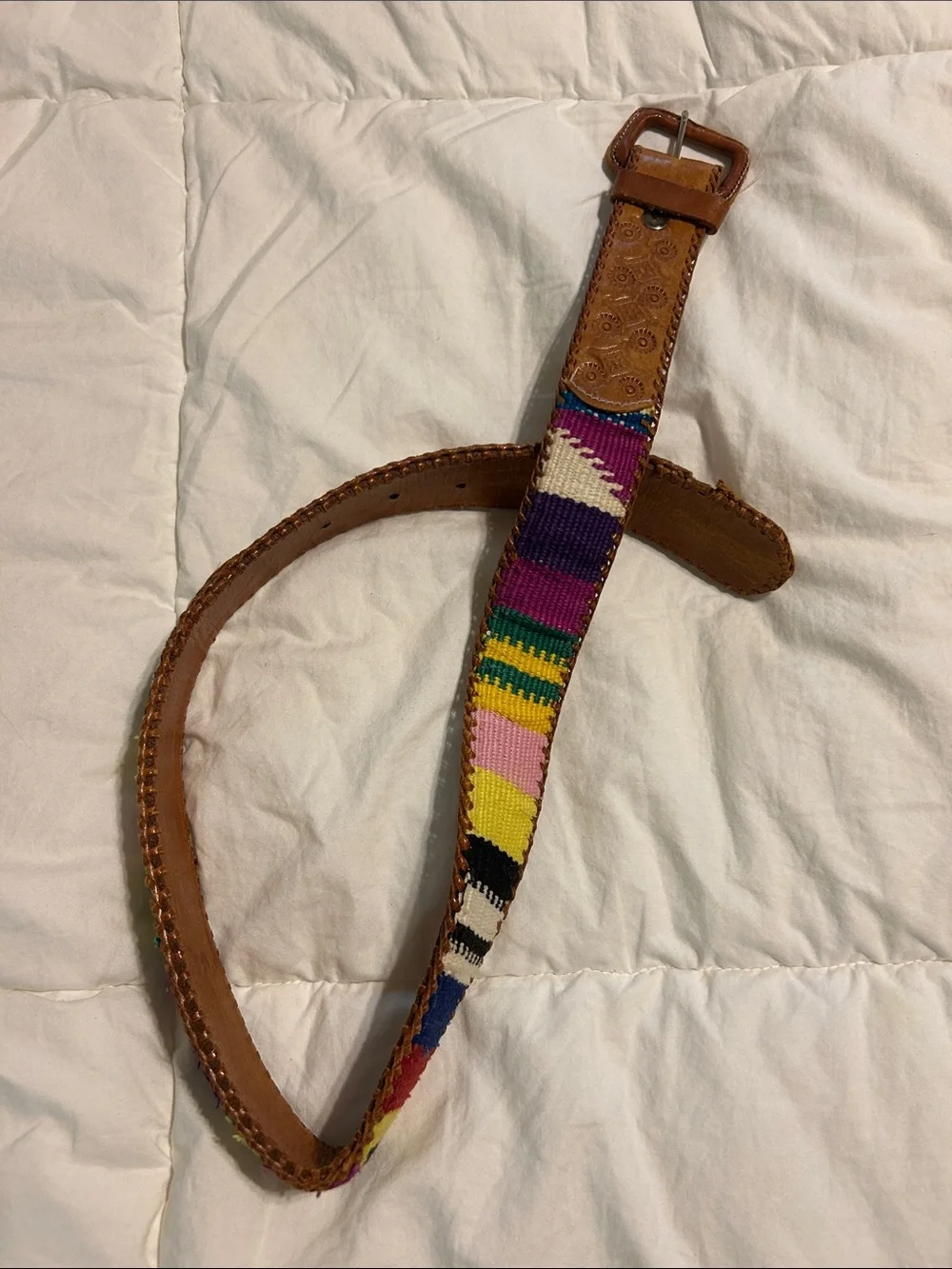 Viintage Mexico Leather Belt with Multicolor Woven Accent - Brown